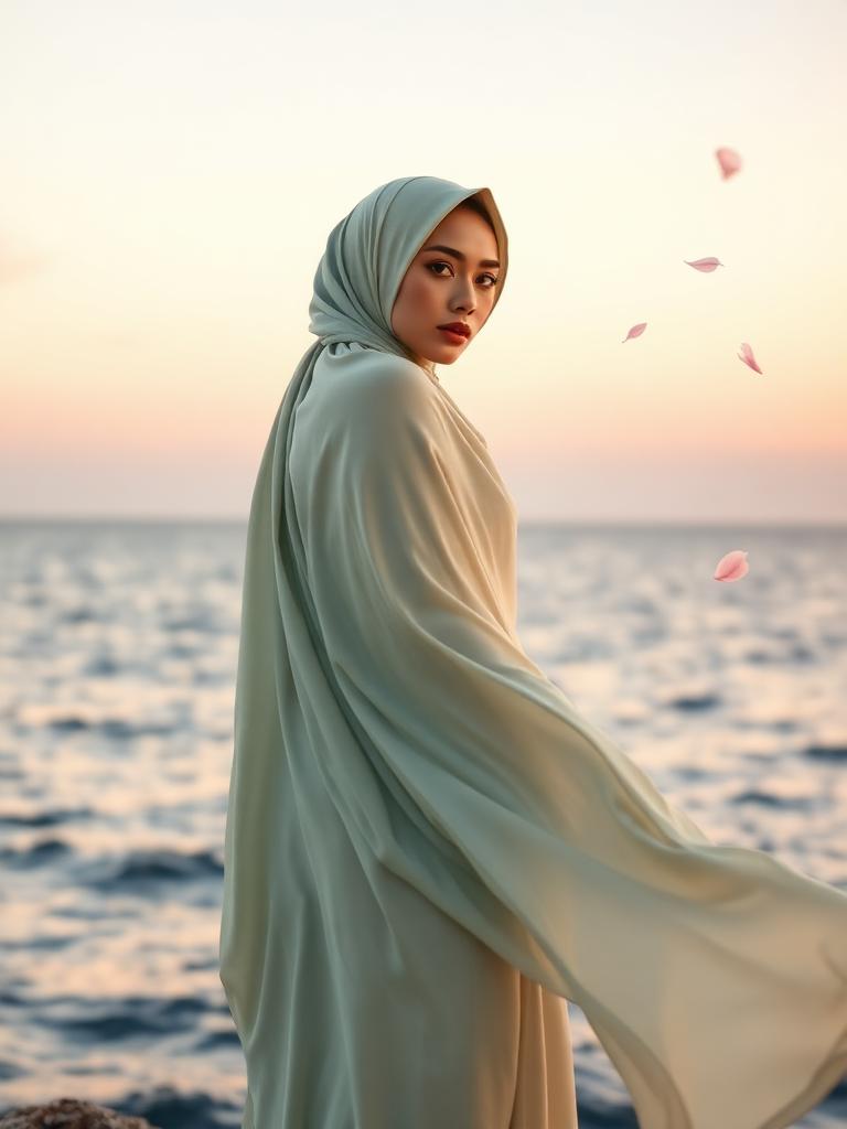 A model in a soft sage hijab in an enchanted garden